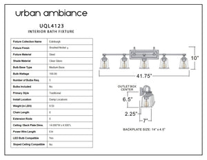 A diagram showing the dimensions of the Urban Ambiance UQL4123 Traditional Bath Fixture 10.75''H x 41.75''W, Brushed Nickel Finish, Edinburgh Collection