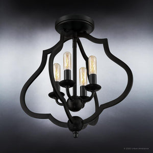 An UQL4130 Art Deco Ceiling 15.5''H x 15''W, Matte Black Finish, Stafford Collection ceiling light fixture with three beautiful light bulbs.