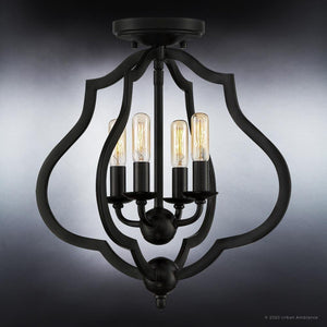A unique Urban Ambiance black UQL4130 Art Deco Ceiling 15.5''H x 15''W light fixture with three light bulbs from the Stafford Collection.