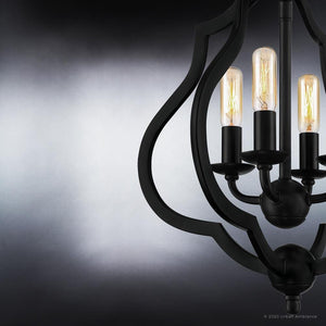 An Urban Ambiance black chandelier with three unique lights hanging from it.