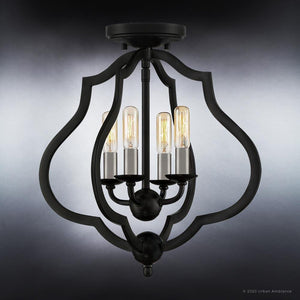 An Urban Ambiance UQL4130 Art Deco Ceiling 15.5''H x 15''W, Matte Black Finish, Stafford Collection gorgeous light fixture with three light bulbs.
