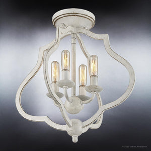 A unique Urban Ambiance white UQL4131 Art Deco Ceiling 15.5''H x 15''W light fixture with three light bulbs.