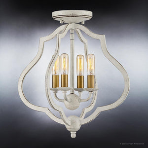 An Urban Ambiance UQL4131 Art Deco Ceiling 15.5''H x 15''W, Burnished White Finish, Stafford Collection luxury light fixture with three light bulbs.