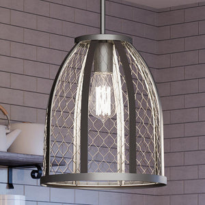 A beautiful Urban Ambiance pendant light in a kitchen with a metal cage.