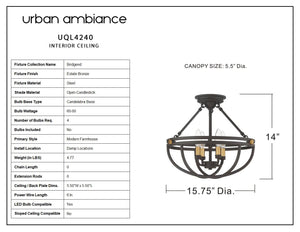 The Urban Ambiance UQL4240 Modern Farmhouse ceiling light from the Bridgend Collection features an estate bronze finish and measures 14'' high by 15.75'' wide. Specifications displayed for this standout sculptural fixture.