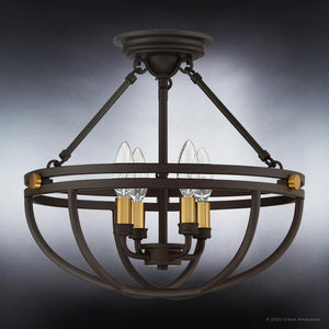The UQL4240 Modern Farmhouse Ceiling Light by Urban Ambiance, from the Bridgend Collection, features an estate bronze finish and exposed bulbs in a 14''H x 15.75''W circular frame, creating a striking modern accent.