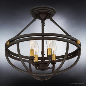 The Urban Ambiance UQL4240 Modern Farmhouse Ceiling Light from the Bridgend Collection features an estate bronze finish with a bronze and gold spherical frame and four exposed bulbs, bringing modern style to your space. Measures 14''H x 15.75''W.