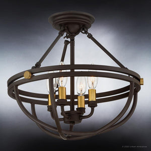The Urban Ambiance UQL4240 from the Bridgend Collection is a 14''H x 15.75''W modern farmhouse ceiling light in an estate bronze finish, featuring gold accents and four exposed bulb sockets for a striking look.