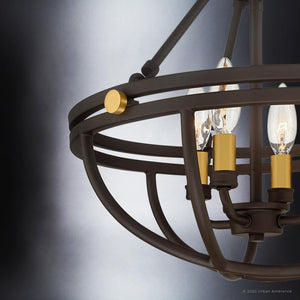 Close-up of the Urban Ambiance UQL4240 Modern Farmhouse Ceiling Fixture from the Bridgend Collection, 14''H x 15.75''W, featuring an estate bronze finish with exposed bulbs and gold accents against a neutral gradient background.