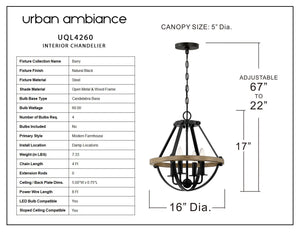 Luxury Urban Ambiance - UQL4260 Modern Farmhouse Chandelier 17''H x 16''W, Natural Black Finish, Barry Collection - indoor chandelier.