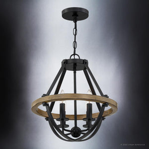 A beautiful Urban Ambiance UQL4260 Modern Farmhouse Chandelier, unique in its Natural Black Finish, Barry Collection featuring three lights.