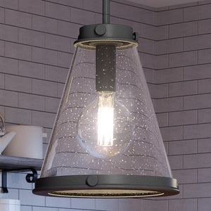 A beautiful lighting fixture, the Urban Ambiance UQL4290 Modern Farmhouse Pendant 14.75''H x 13''W, Black Sand Finish, Tiverton Collection hangs over a