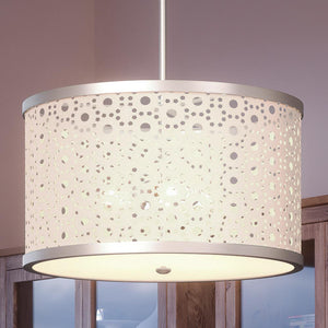 A beautiful Posh Chandelier 11''H x 19''W, Brushed Nickel Finish, Ferndown Collection light fixture with a white shade and polka dots.