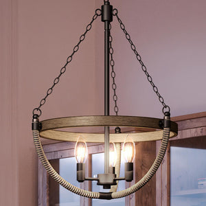 A beautiful UQL4321 Western Chandelier, 22''H x 16''W, Matte Black Finish from the Brixham Collection by Urban Ambiance with three lights hanging from it.