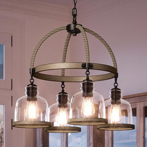 A beautiful Western chandelier with three glass jars serving as lighting fixtures.