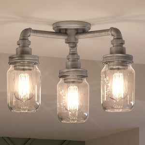 Three gorgeous UQL4345 Industrial Chic Ceiling 11''H x 16''W, Galvanized Steel Finish, Dallas Collection lights in an Urban Ambiance ceiling fixture.