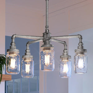 Four UQL4346 Industrial Chic Chandeliers 23''H x 26''W, Galvanized Steel Finish, from the Dallas Collection by Urban Ambiance, hanging from a beautiful chandelier