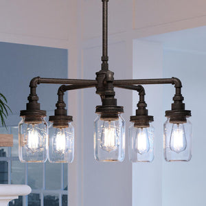 Four beautiful UQL4347 Industrial Chic Chandeliers 23''H x 26''W, Antique Black Finish, Dallas Collection hanging from a chandelier.