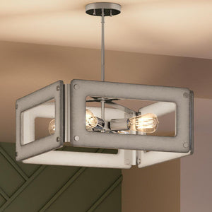 A luxury lighting fixture with a square shape hanging in a room.