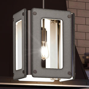 An UQL4401 Vintage Pendant 13.5''H x 10.75''W, Brushed Nickel Finish lighting fixture hanging over a kitchen island by Urban Ambiance.