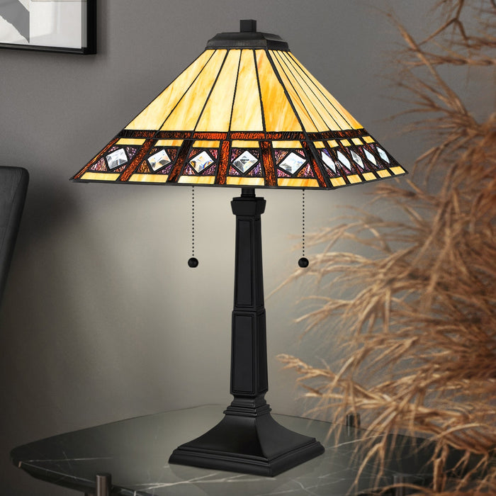 UQL7000 Aylesbury Tiffany Table Lamp with Craftsman Style, 23''H x 14''W, Matte Black and Stained Glass