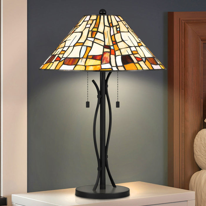 UQL7001 Chalfont Tiffany Table Lamp with Cottagecore Style, 24.25''H x 16''W, Matte Black and Stained Glass