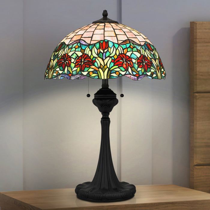 UQL7003 Marlow Tiffany Table Lamp with Glam Style, 27.5''H x 18.25''W, Matte Black and Stained Glass