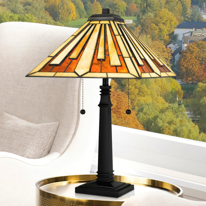 UQL7004 Fenland Tiffany Table Lamp with Craftsman Style, 22''H x 14''W, Matte Black and Stained Glass