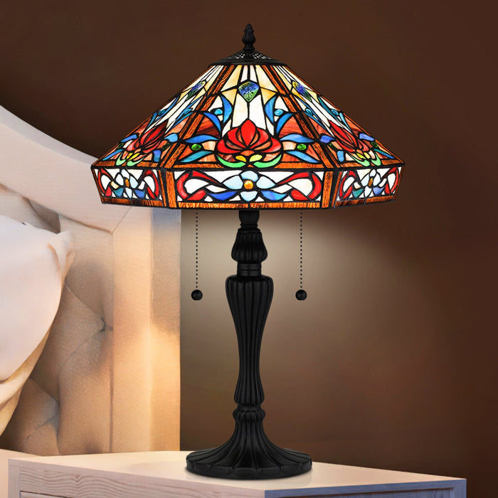 UQL7005 Wisbech Tiffany Table Lamp with Glam Style, 24.25''H x 17''W, Matte Black and Stained Glass