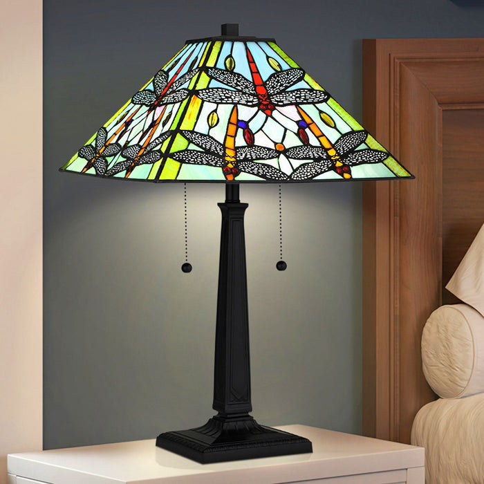 UQL7010 Dragoon Tiffany Table Lamp with Natural Style, 22.75''H x 14''W, Matte Black and Stained Glass