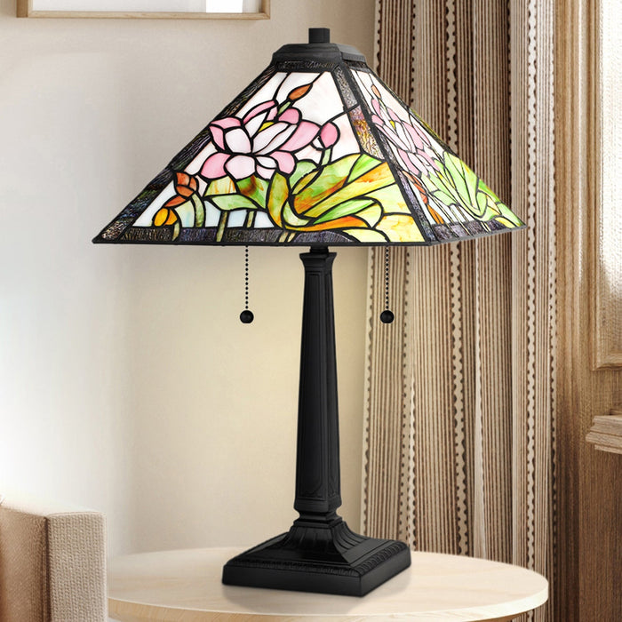 UQL7012 Looe Tiffany Table Lamp with Natural Style, 23''H x 14''W, Matte Black and Stained Glass