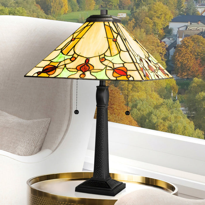 UQL7014 Penryn Tiffany Table Lamp with Natural Style, 22.5''H x 14''W, Matte Black and Stained Glass