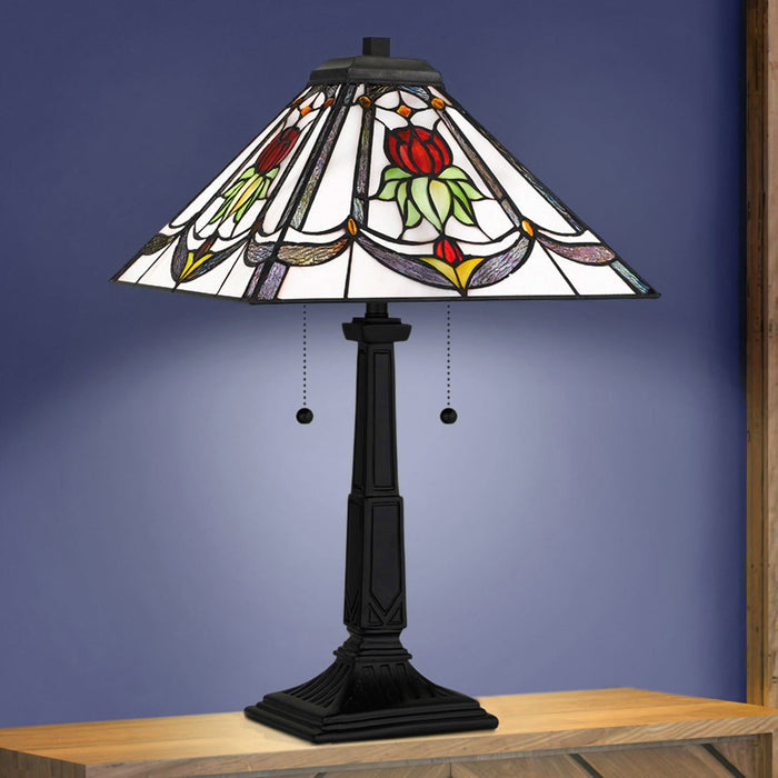 UQL7016 Keswick Tiffany Table Lamp with Glam Style, 23''H x 14''W, Matte Black and Stained Glass