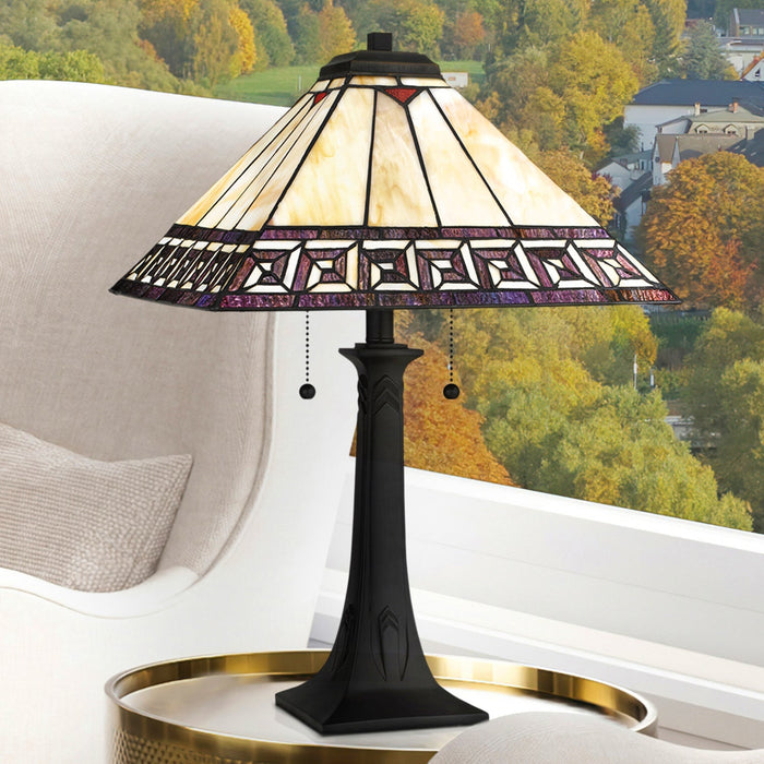 UQL7017 Sutton Tiffany Table Lamp with Craftsman Style, 24.5''H x 16''W, Matte Black and Stained Glass