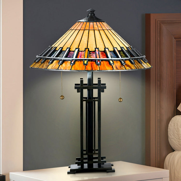 UQL7021 Trafford Tiffany Table Lamp with Old World Style, 22.5''H x 15.5''W, Matte Black and Stained Glass