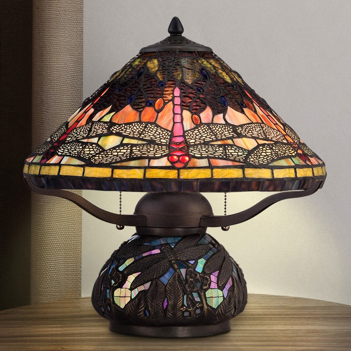 UQL7022 Bolsover Tiffany Table Lamp with Rustic Style, 16.5''H x 17''W, Imperial Bronze and Stained Glass