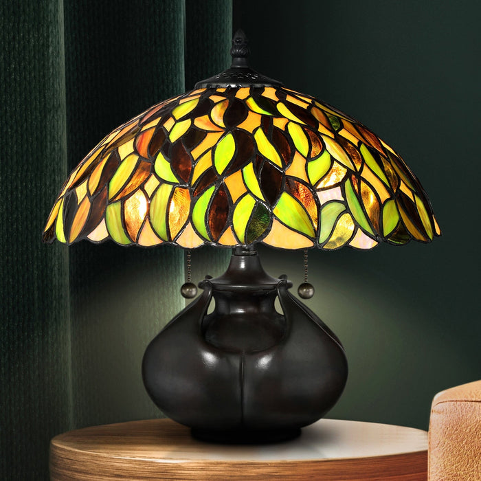 UQL7025 Repton Tiffany Table Lamp with Natural Style, 14.5''H x 14''W, Valiant Bronze and Stained Glass