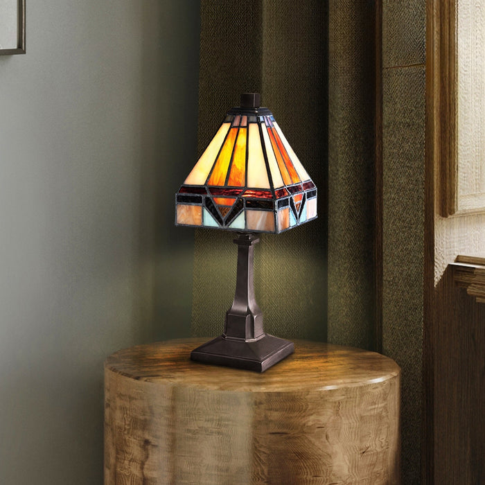 UQL7026 Axminster Tiffany Table Lamp with American Bungalow Style, 12''H x 5''W, Vintage Bronze and Stained Glass