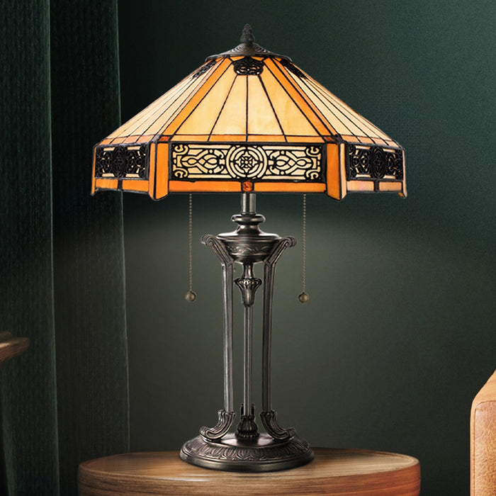UQL7028 Teignbridge Tiffany Table Lamp with Western Style, 23''H x 16''W, Vintage Bronze and Stained Glass