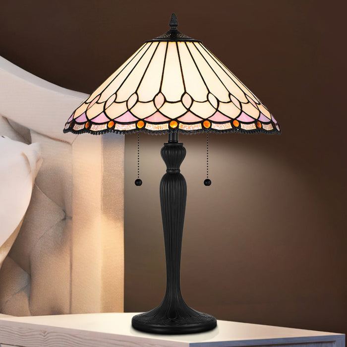 UQL7029 Barnard Tiffany Table Lamp with Glam Style, 24''H x 16''W, Matte Black and Stained Glass