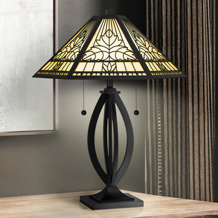 UQL7030 Winchelsea Tiffany Table Lamp with Cottagecore Style, 22.75''H x 18''W, Matte Black and Stained Glass