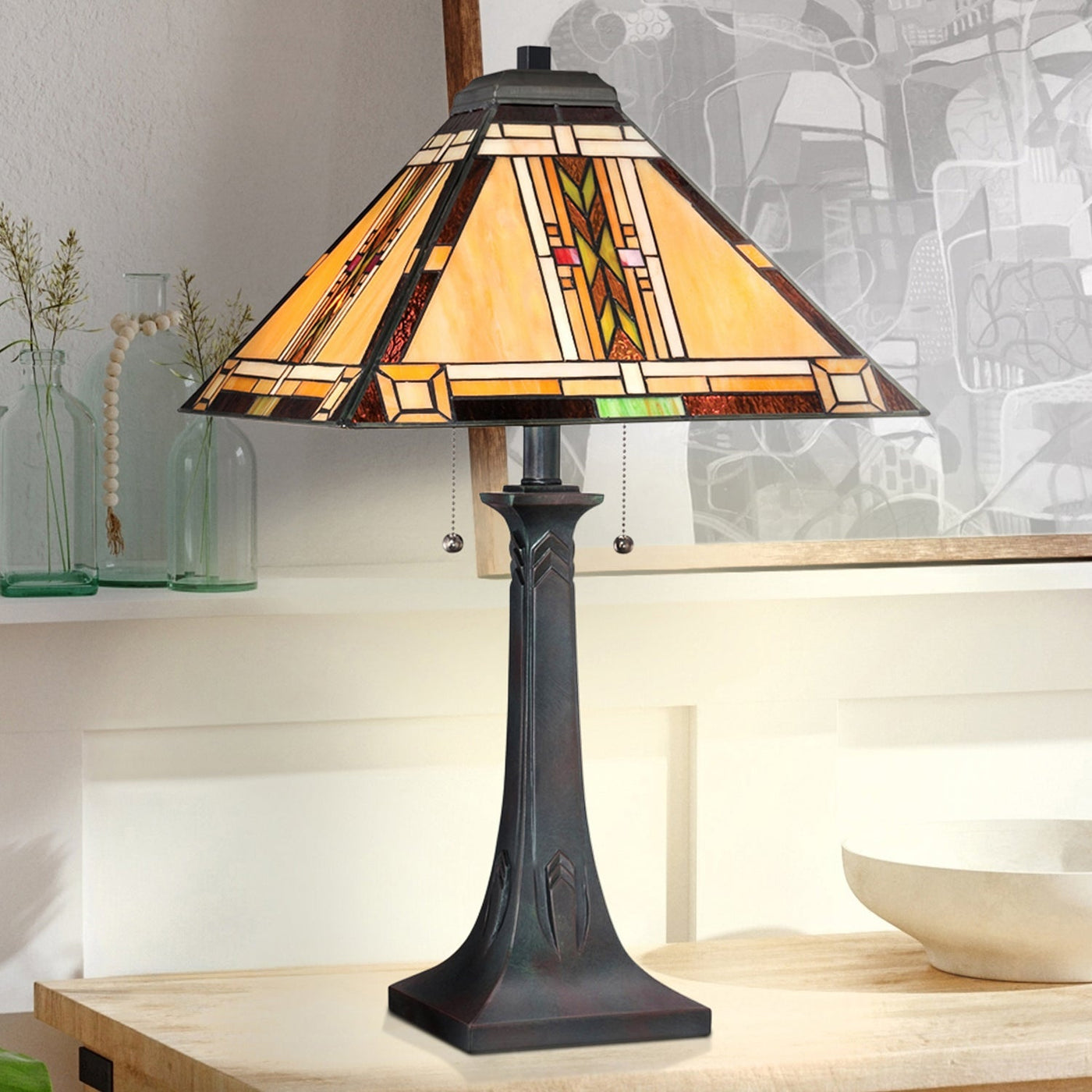 UQL7034 Saffron Tiffany Table Lamp with Craftsman Style, 25''H x 15''W ...