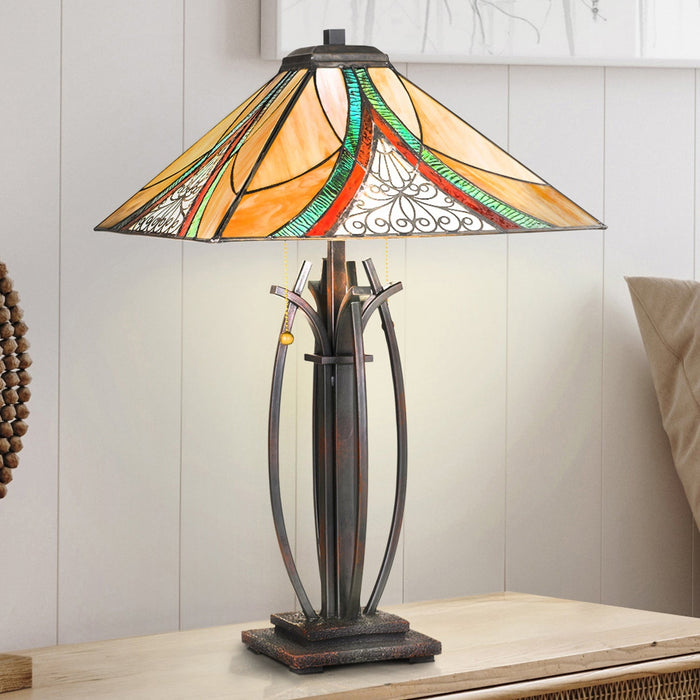 UQL7035 Smithfield Tiffany Table Lamp with American Bungalow Style, 24.75''H x 16''W, Valiant Bronze and Stained Glass
