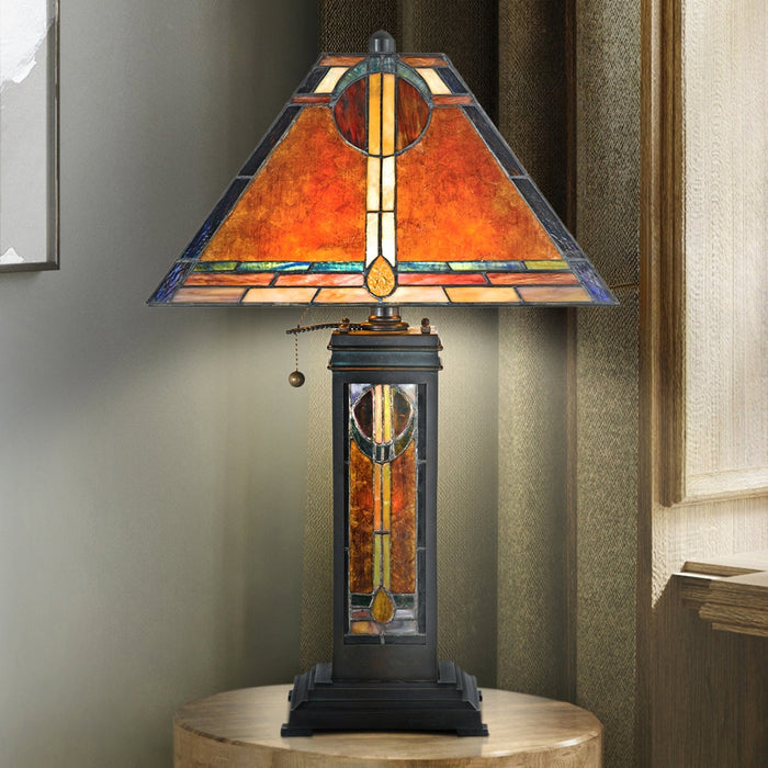 UQL7040 Southwark Tiffany Table Lamp with Mediterranean Style, 23''H x 14.5''W, Valiant Bronze and Stained Glass