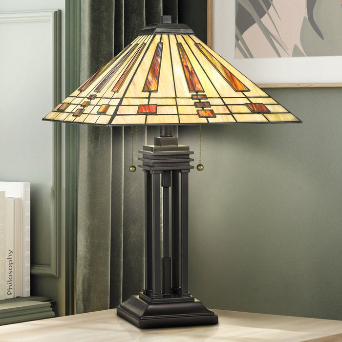 UQL7042 Hammersmith Tiffany Table Lamp with American Bungalow Style, 24.25''H x 16''W, Western Bronze and Stained Glass