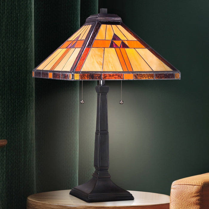 UQL7110 Cheshire Tiffany Table Lamp with Rustic Style, 23''H x 14''W, Vintage Bronze and Stained Glass