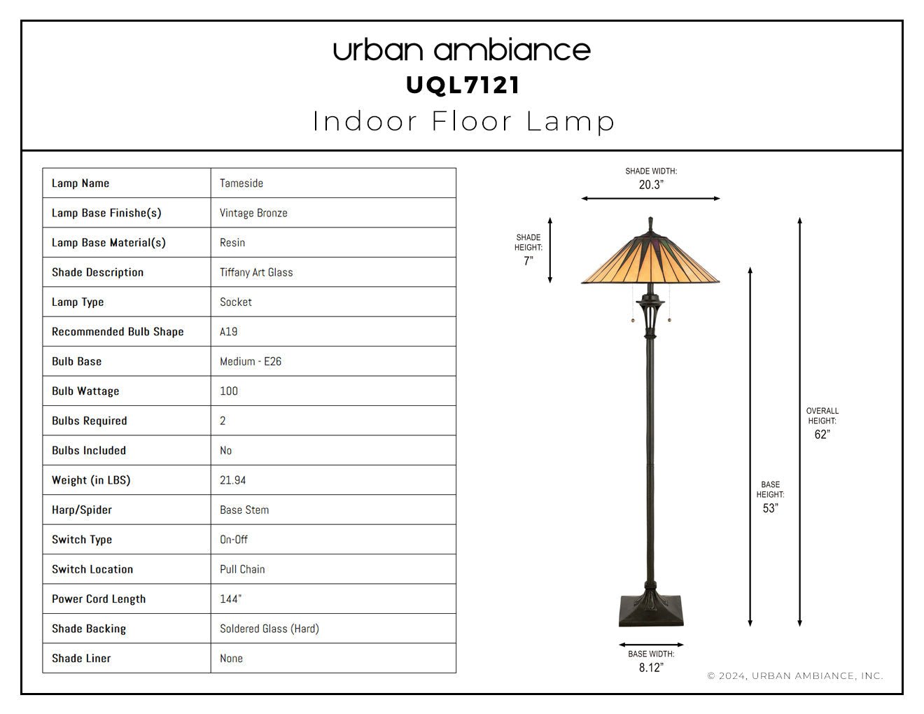 UQL7121 Tameside Tiffany Floor Lamp with Craftsman Style, 62