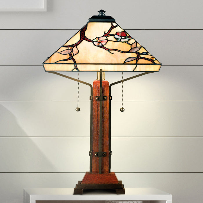 UQL7130 Helston Tiffany Table Lamp with Natural Style, 23.5''H x 14''W, Natural Wood and Stained Glass