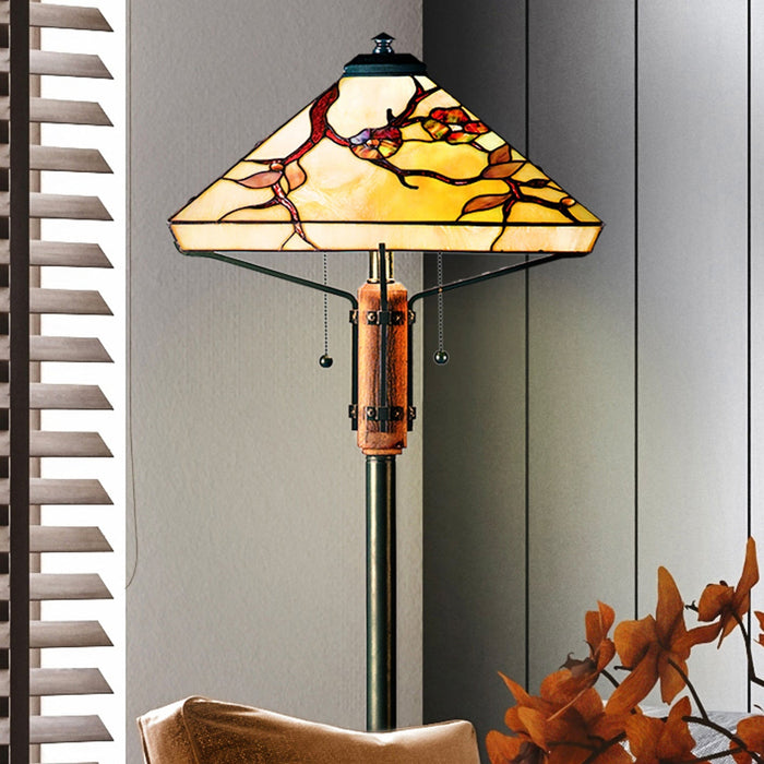 UQL7131 Helston Tiffany Floor Lamp with Natural Style, 61''H x 17''W, Natural Wood and Stained Glass