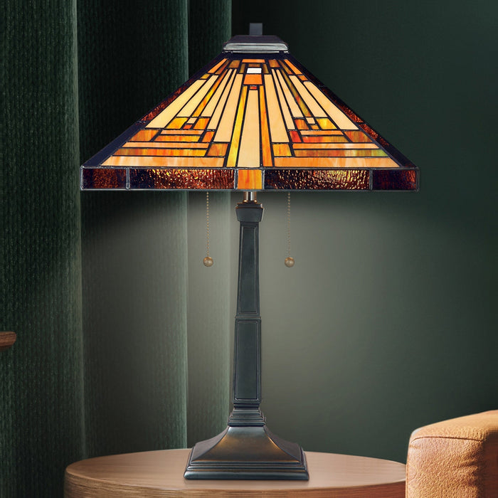UQL7180 Waltham Tiffany Table Lamp with Craftsman Style, 23''H x 16''W, Vintage Bronze and Stained Glass